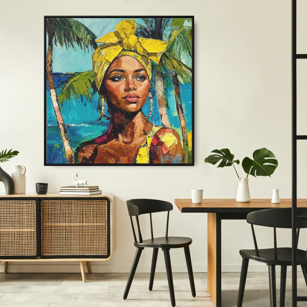 Framed Jamaican Woman Painting Canvas Wall Art - Square - Boho Dining Room Framed Jamaican Woman Painting Canvas Wall Art - Square - Boho Dining Room