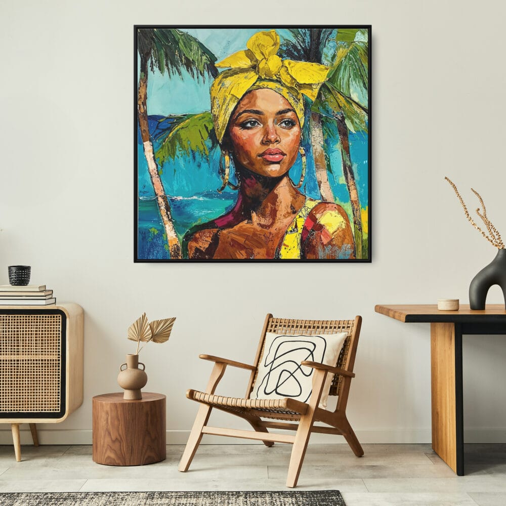 Framed Jamaican Woman Painting Canvas Wall Art - Square - Boho Lounge Chair Framed Jamaican Woman Painting Canvas Wall Art - Square - Boho Lounge Chair