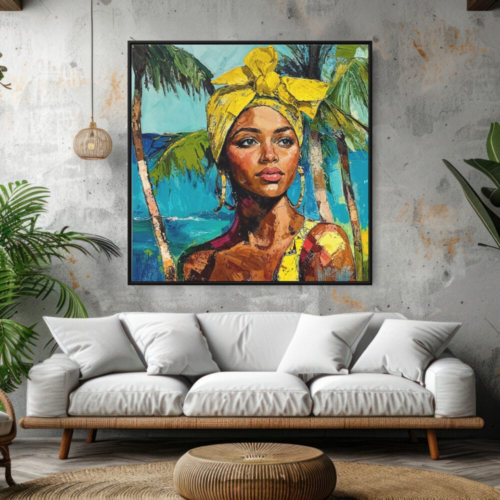 Framed Jamaican Woman Painting Canvas Wall Art - Square - Tropical Living Room Framed Jamaican Woman Painting Canvas Wall Art - Square - Tropical Living Room