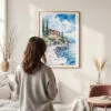 Framed Lake Garda Watercolor Wall Art - In Living Room with Woman Looking at it - Portrait