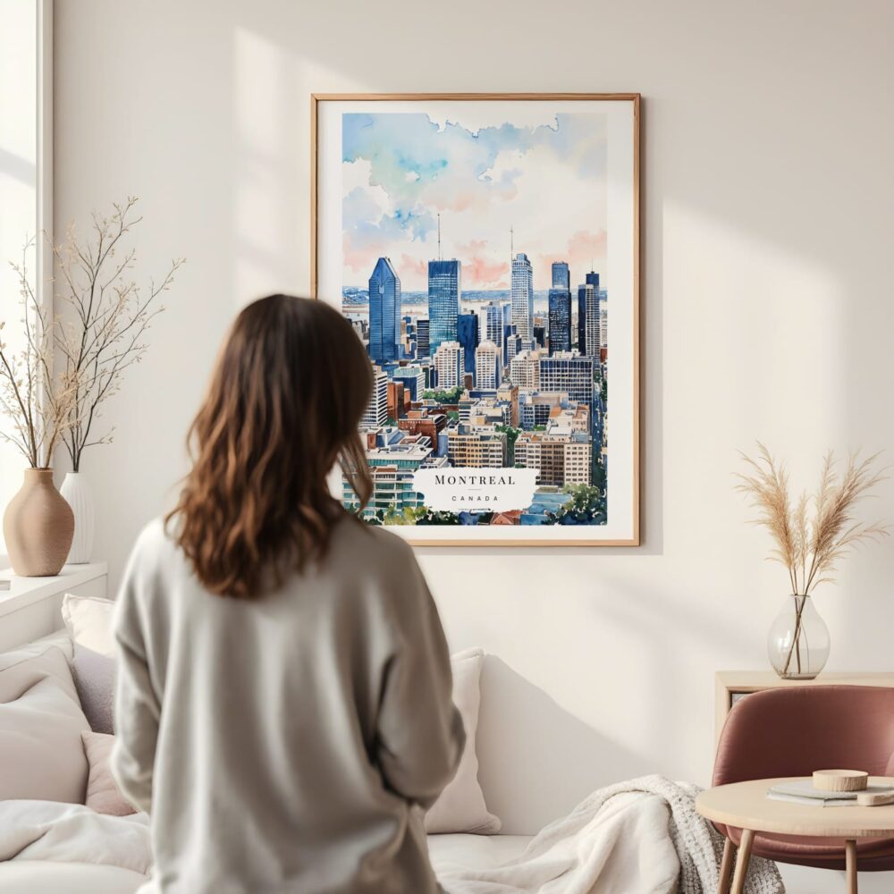 Framed Montreal Skyline Watercolor Wall Art - In Living Room with Woman Looking at it - Portrait Framed Montreal Skyline Watercolor Wall Art - In Living Room with Woman Looking at it - Portrait