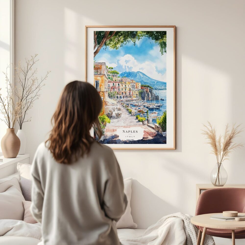Framed Naples Italy Watercolor Wall Art - In Living Room with Woman Looking at it - Portrait Framed Naples Italy Watercolor Wall Art - In Living Room with Woman Looking at it - Portrait