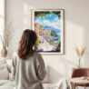 Framed Naples Italy Watercolor Wall Art - In Living Room with Woman Looking at it - Portrait