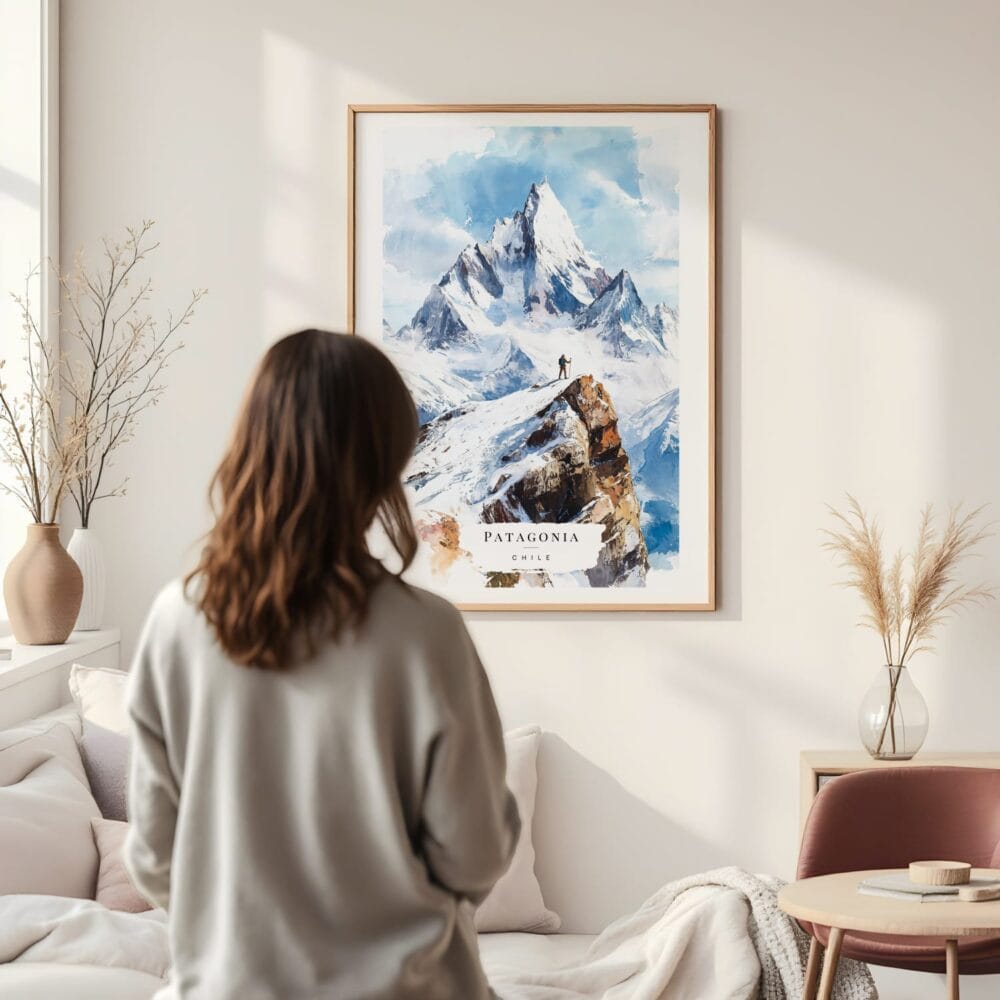 Framed Patagonia Chile Watercolor Wall Art - In Living Room with Woman Looking at it - Portrait Framed Patagonia Chile Watercolor Wall Art - In Living Room with Woman Looking at it - Portrait