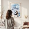 Framed Patagonia Chile Watercolor Wall Art - In Living Room with Woman Looking at it - Portrait