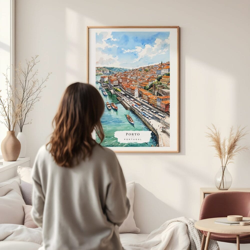 Framed Porto Skyline Watercolor Wall Art - In Living Room with Woman Looking at it - Portrait Framed Porto Skyline Watercolor Wall Art - In Living Room with Woman Looking at it - Portrait