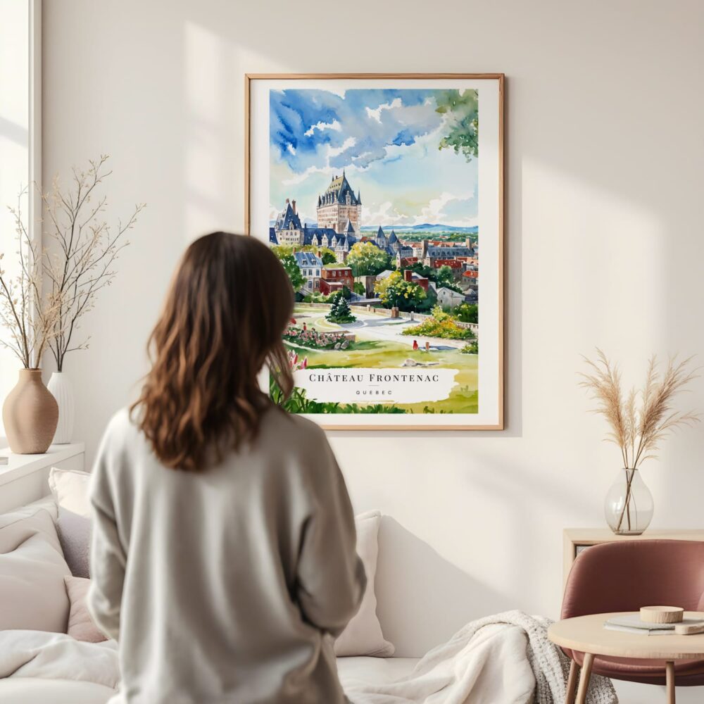 Framed Quebec Château Frontenac Watercolor Wall Art - In Living Room with Woman Looking at it - Portrait Framed Quebec Château Frontenac Watercolor Wall Art - In Living Room with Woman Looking at it - Portrait