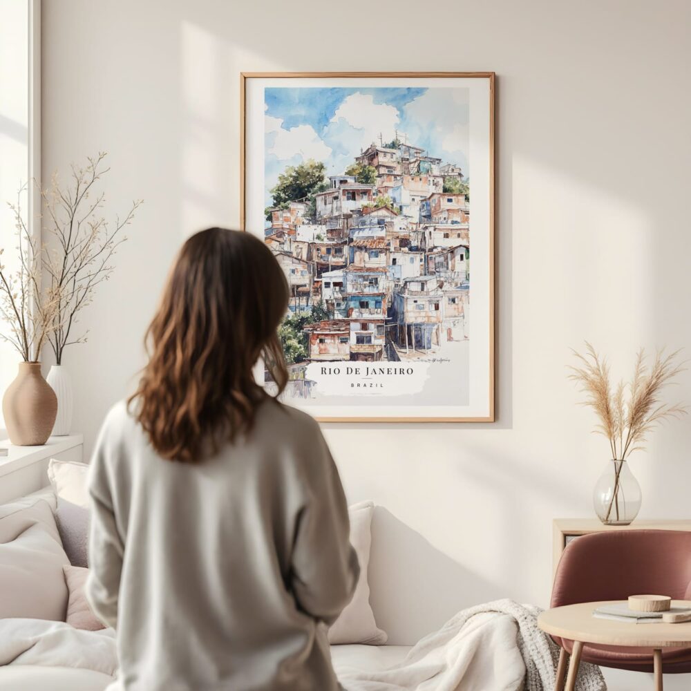 Framed Rio De Janeiro Favela Watercolor Wall Art - In Living Room with Woman Looking at it - Portrait Framed Rio De Janeiro Favela Watercolor Wall Art - In Living Room with Woman Looking at it - Portrait
