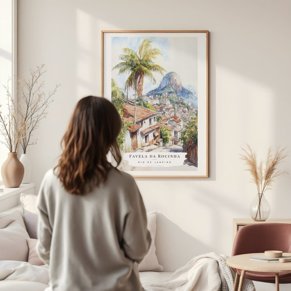 Framed Rio De Janeiro Rocinha Favela Watercolor Wall Art - In Living Room with Woman Looking at it - Portrait Framed Rio De Janeiro Rocinha Favela Watercolor Wall Art - In Living Room with Woman Looking at it - Portrait