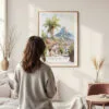 Framed Rio De Janeiro Rocinha Favela Watercolor Wall Art - In Living Room with Woman Looking at it - Portrait