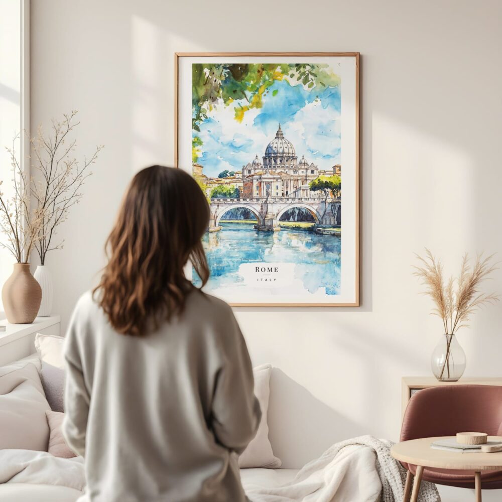 Framed Rome Italy Watercolor Wall Art - In Living Room with Woman Looking at it - Portrait Framed Rome Italy Watercolor Wall Art - In Living Room with Woman Looking at it - Portrait