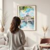 Framed Rome Italy Watercolor Wall Art - In Living Room with Woman Looking at it - Portrait