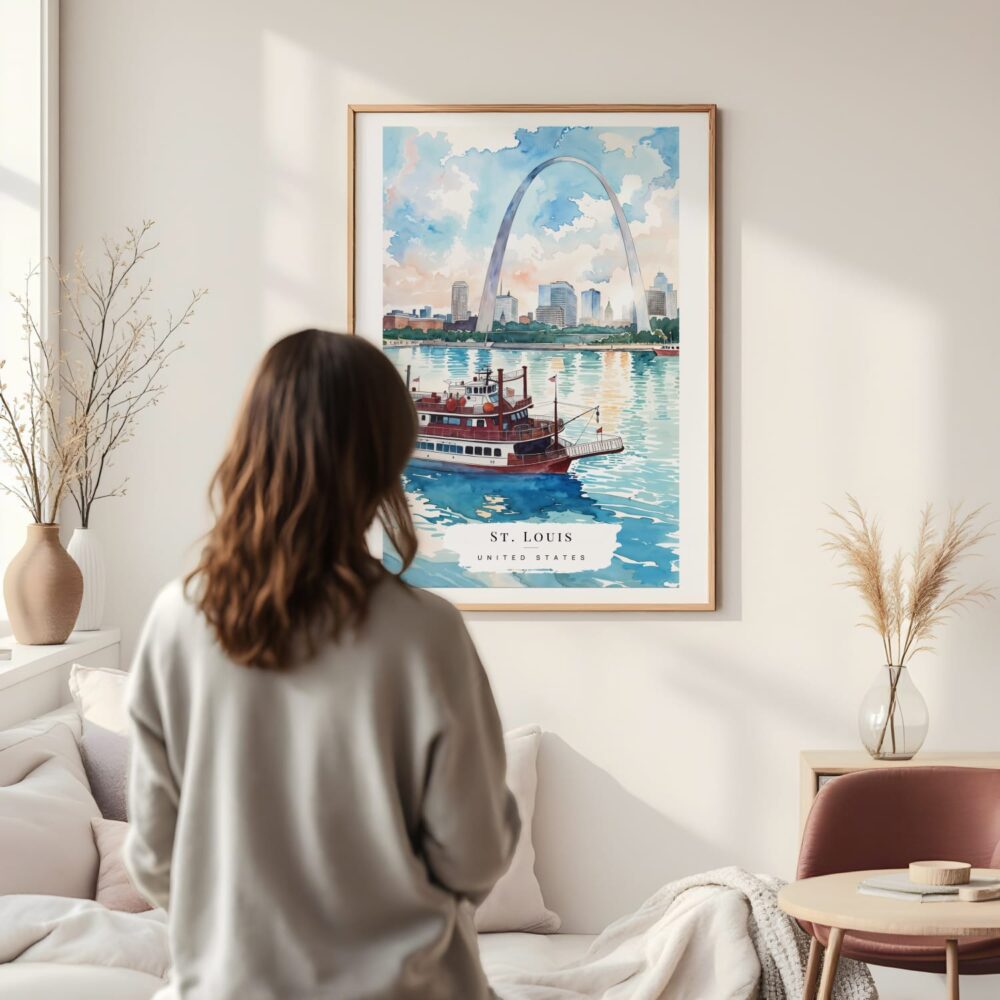 Framed St Louis Skyline Watercolor Wall Art - In Living Room with Woman Looking at it - Portrait Framed St Louis Skyline Watercolor Wall Art - In Living Room with Woman Looking at it - Portrait