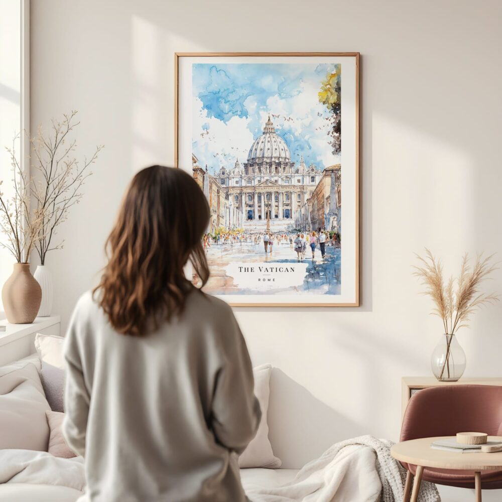 Framed The Vatican Watercolor Wall Art - In Living Room with Woman Looking at it - Portrait Framed The Vatican Watercolor Wall Art - In Living Room with Woman Looking at it - Portrait