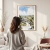 Framed Yorkshire Dales Watercolor Wall Art - In Living Room with Woman Looking at it - Portrait