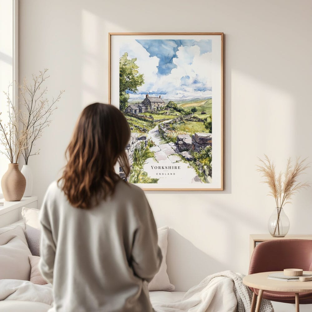 Framed Yorkshire Stone Cottage Watercolor Wall Art - In Living Room with Woman Looking at it - Portrait Framed Yorkshire Stone Cottage Watercolor Wall Art - In Living Room with Woman Looking at it - Portrait