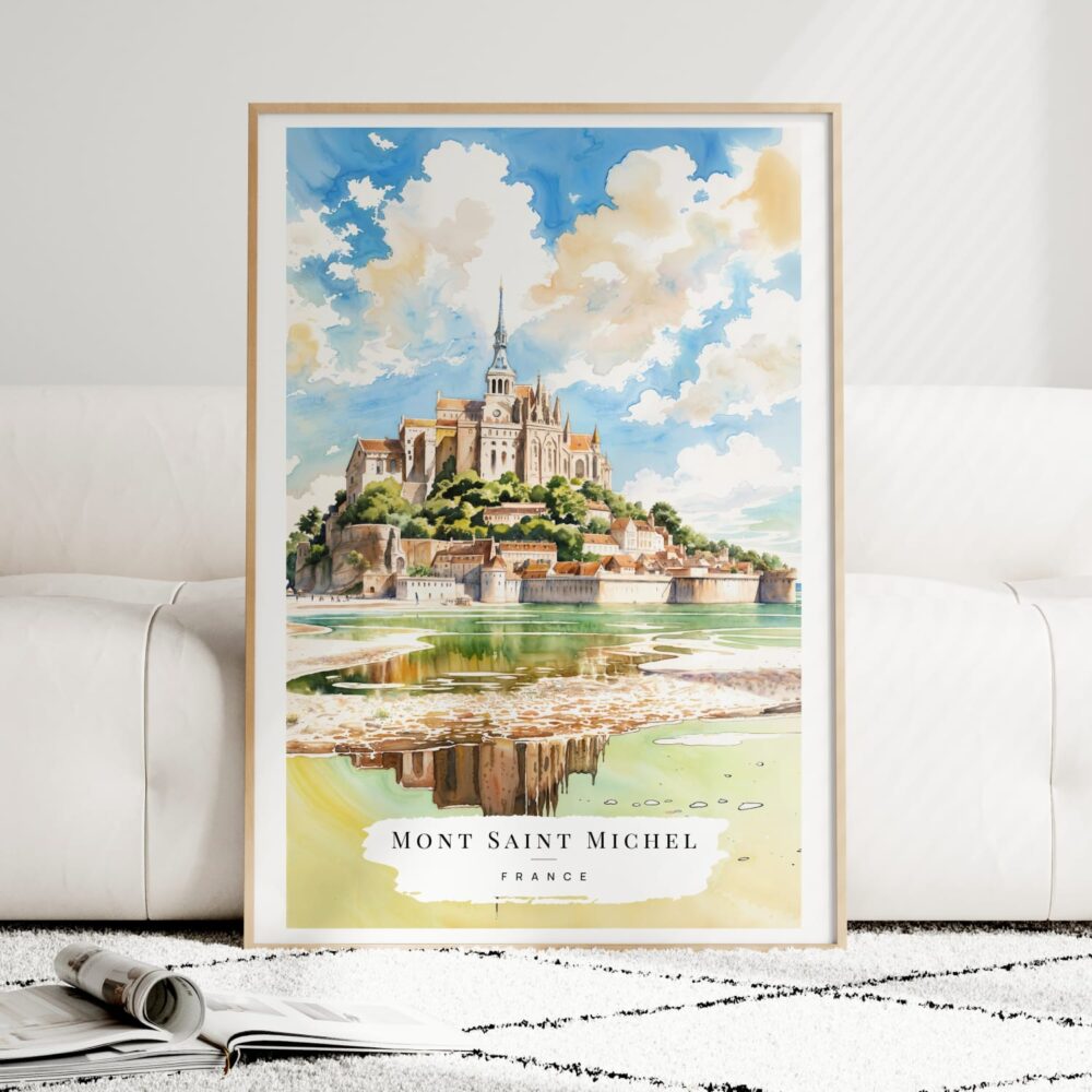 France Mont Saint Michel Watercolor Art Print - Wood Frame standing on Floor France Mont Saint Michel Watercolor Art Print - Wood Frame standing on Floor