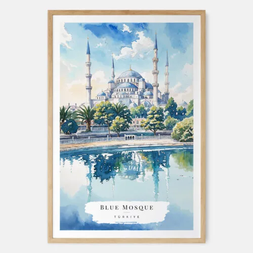 Istanbul Blue Mosque Watercolor Art Print - Main - Wood Frame