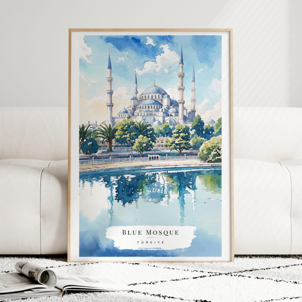 Istanbul Blue Mosque Watercolor Art Print - Wood Frame standing on Floor Istanbul Blue Mosque Watercolor Art Print - Wood Frame standing on Floor