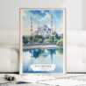 Istanbul Blue Mosque Watercolor Art Print - Wood Frame standing on Floor