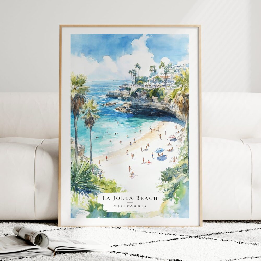 La Jolla Beach Watercolor Art Print - Wood Frame standing on Floor La Jolla Beach Watercolor Art Print - Wood Frame standing on Floor