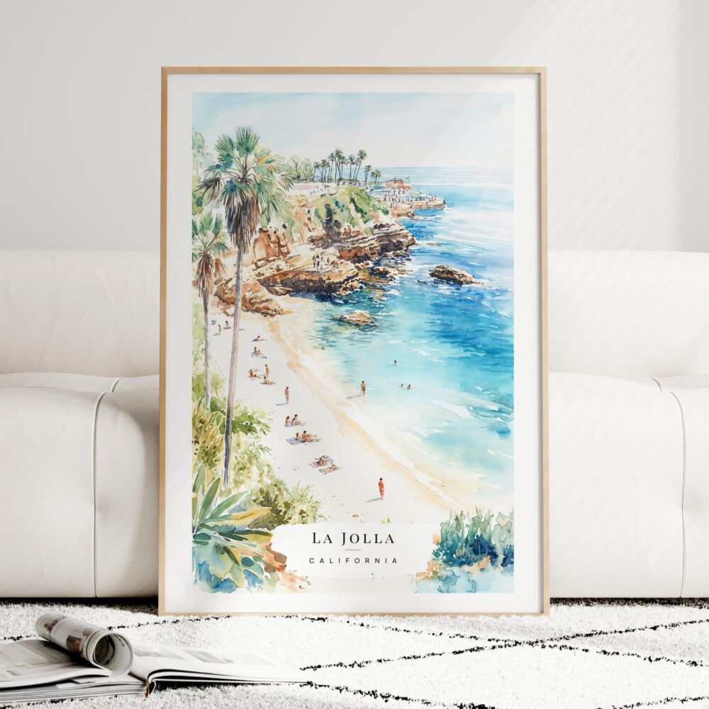 La Jolla Cove Watercolor Art Print - Wood Frame standing on Floor La Jolla Cove Watercolor Art Print - Wood Frame standing on Floor