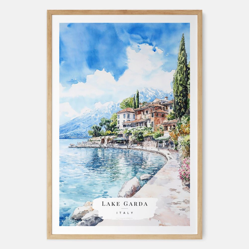 Lake Garda Italy Watercolor Art Print - Main - Wood Frame