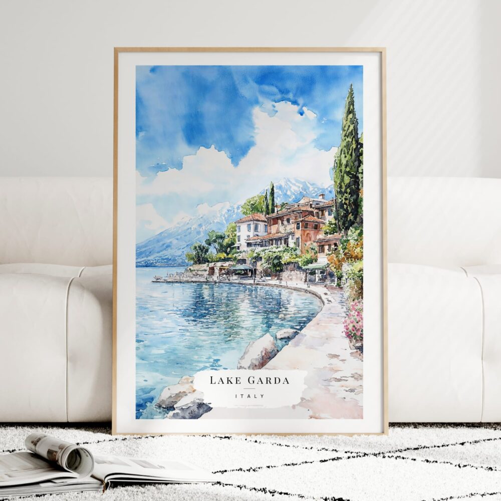 Lake Garda Italy Watercolor Art Print - Wood Frame standing on Floor Lake Garda Italy Watercolor Art Print - Wood Frame standing on Floor