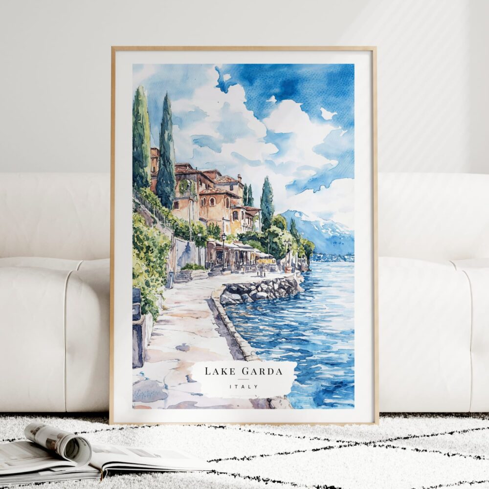 Lake Garda Watercolor Art Print - Wood Frame standing on Floor Lake Garda Watercolor Art Print - Wood Frame standing on Floor