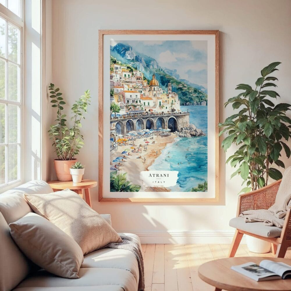 Large Framed Atrani Italy Watercolor Wall Art - Cozy Living Room - Portrait Large Framed Atrani Italy Watercolor Wall Art - Cozy Living Room - Portrait