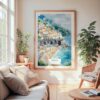 Large Framed Atrani Italy Watercolor Wall Art - Cozy Living Room - Portrait