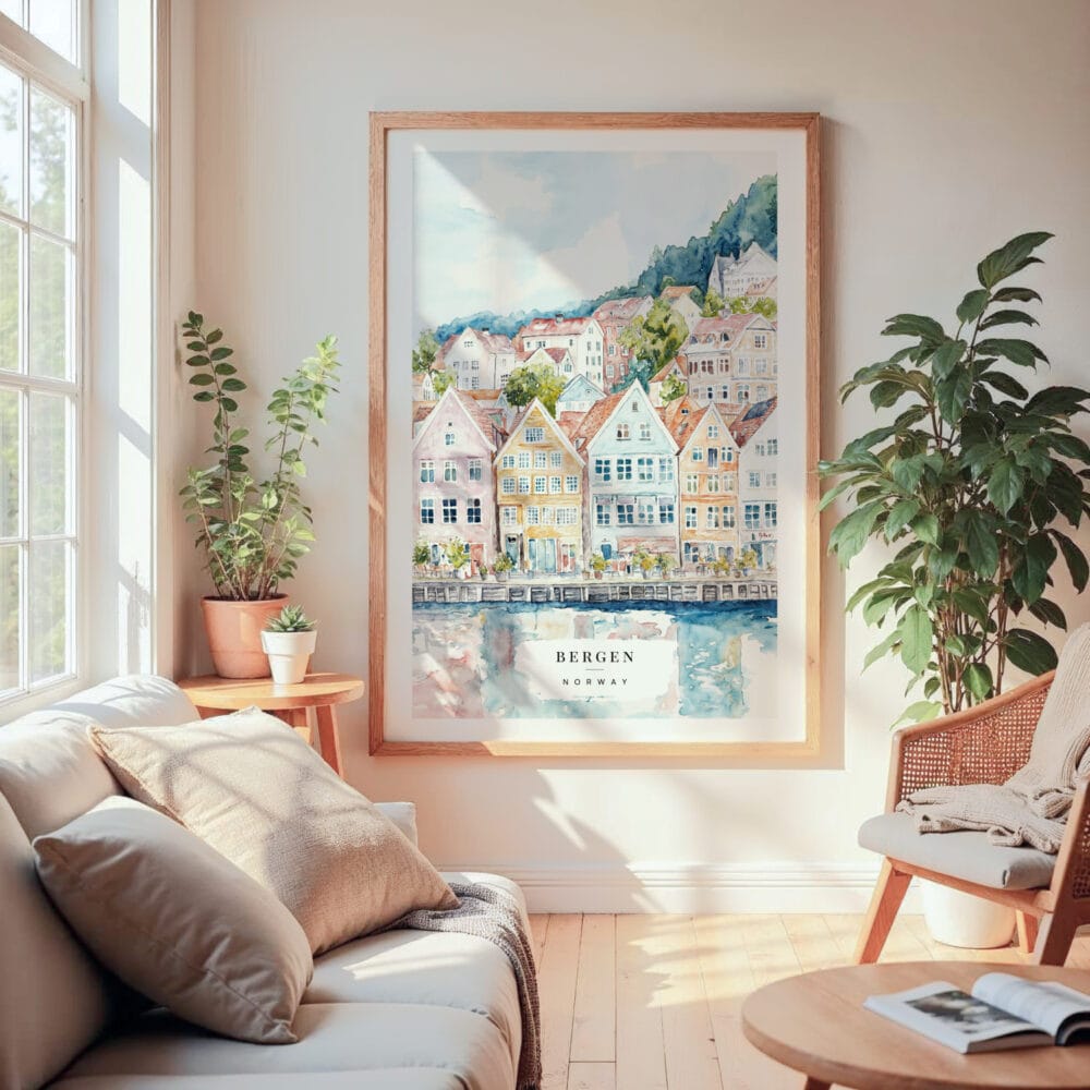 Large Framed Bergen Norway Houses Watercolor Wall Art - Cozy Living Room - Portrait Large Framed Bergen Norway Houses Watercolor Wall Art - Cozy Living Room - Portrait