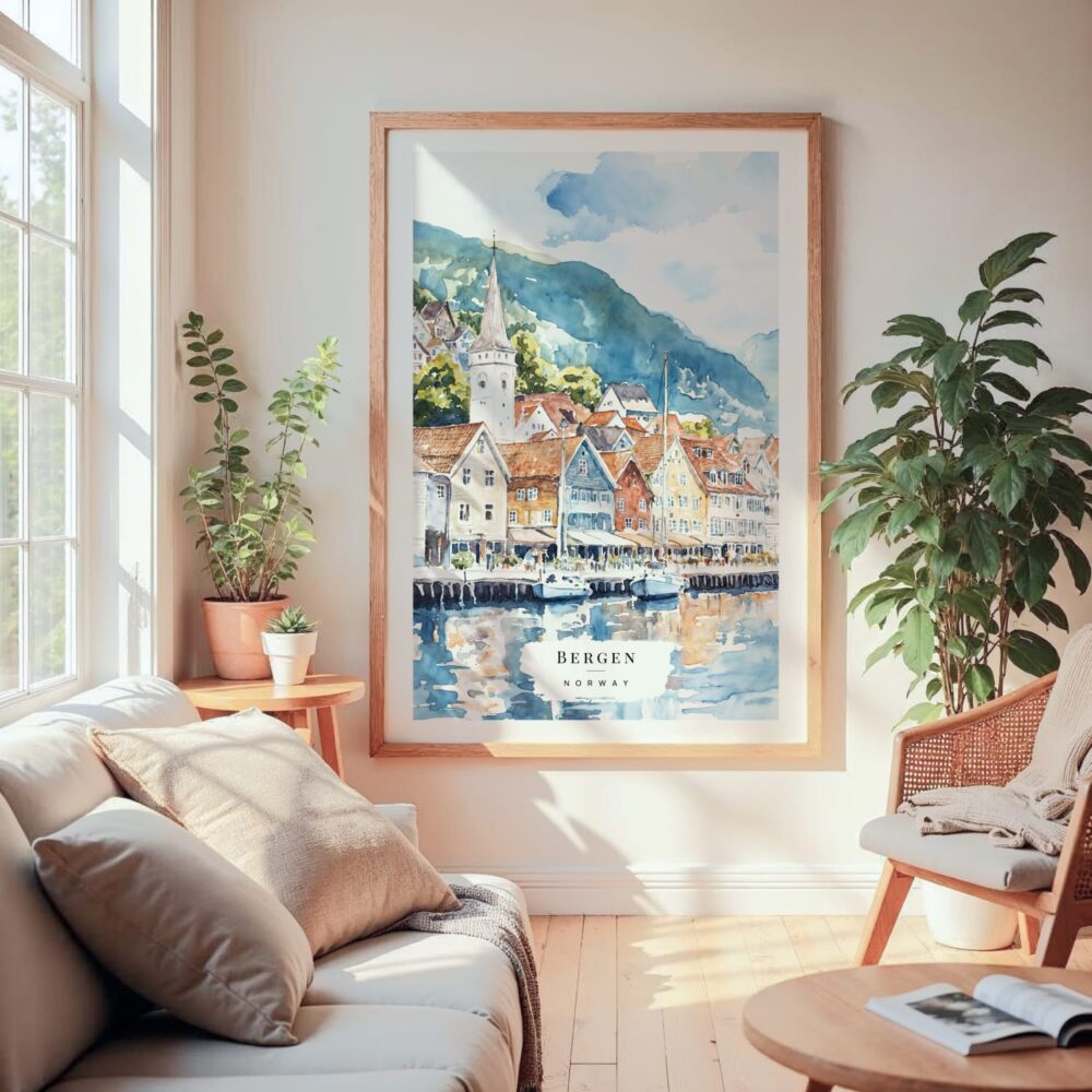 Large Framed Bergen Norway Waterfront Watercolor Wall Art - Cozy Living Room - Portrait Large Framed Bergen Norway Waterfront Watercolor Wall Art - Cozy Living Room - Portrait