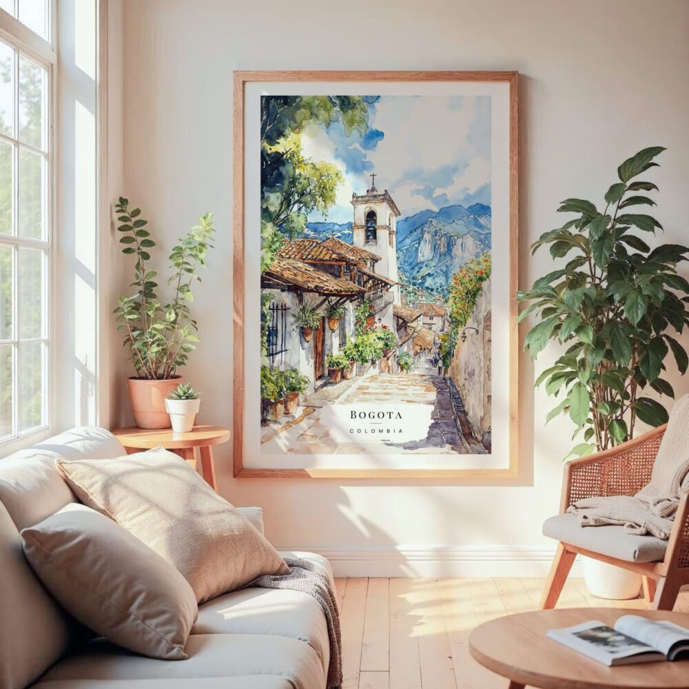 Large Framed Bogota Colombia Watercolor Wall Art - Cozy Living Room - Portrait Large Framed Bogota Colombia Watercolor Wall Art - Cozy Living Room - Portrait
