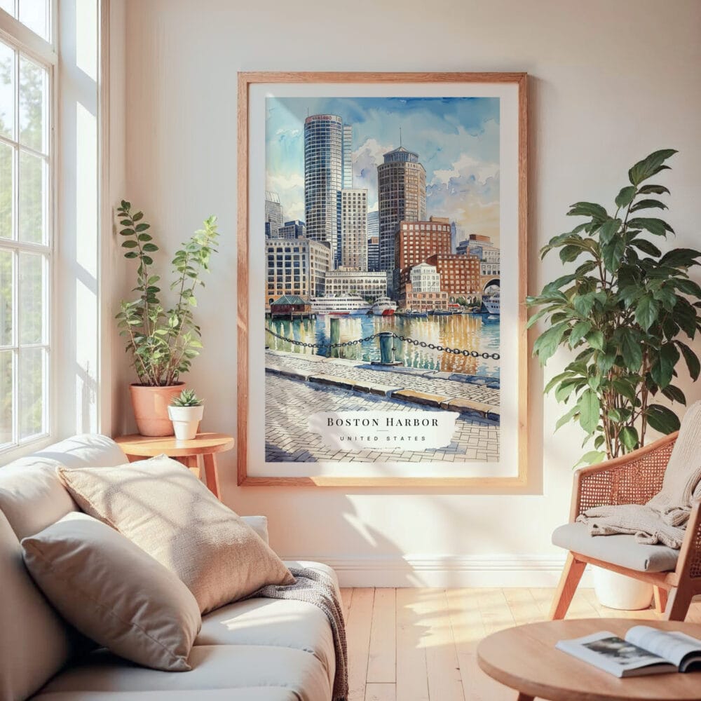 Large Framed Boston Harbor Watercolor Wall Art - Cozy Living Room - Portrait Large Framed Boston Harbor Watercolor Wall Art - Cozy Living Room - Portrait