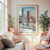 Large Framed Boston Harbor Watercolor Wall Art - Cozy Living Room - Portrait