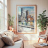Large Framed Boston Harbor Watercolor Wall Art - Cozy Living Room - Portrait