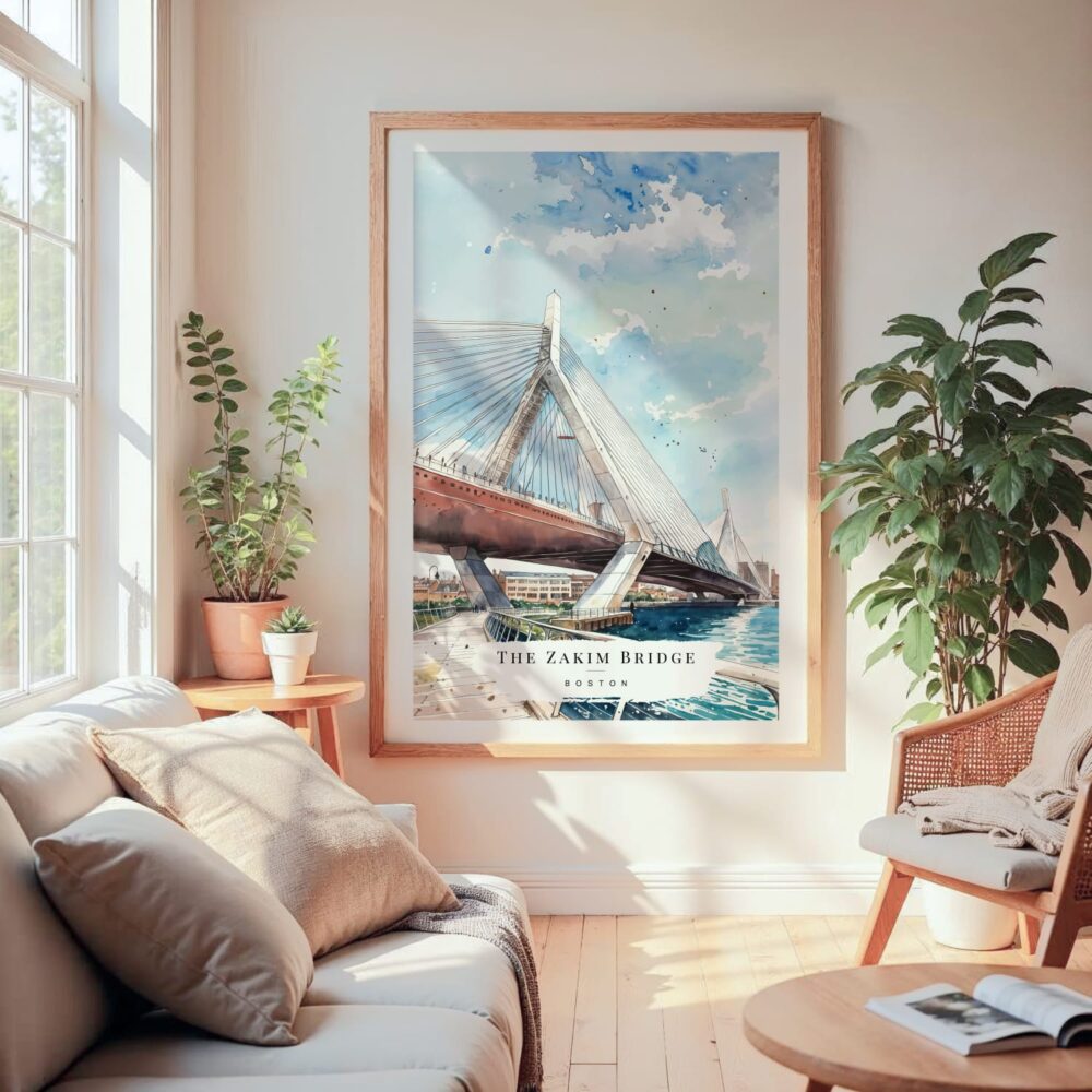 Large Framed Boston Zakim Bridge Watercolor Wall Art - Cozy Living Room - Portrait Large Framed Boston Zakim Bridge Watercolor Wall Art - Cozy Living Room - Portrait