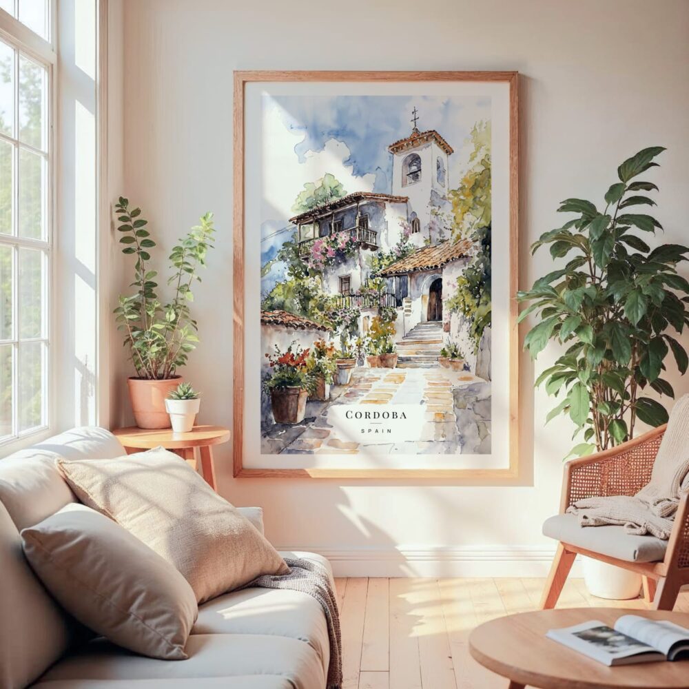 Large Framed Cordoba Spain Watercolor Wall Art - Cozy Living Room - Portrait Large Framed Cordoba Spain Watercolor Wall Art - Cozy Living Room - Portrait