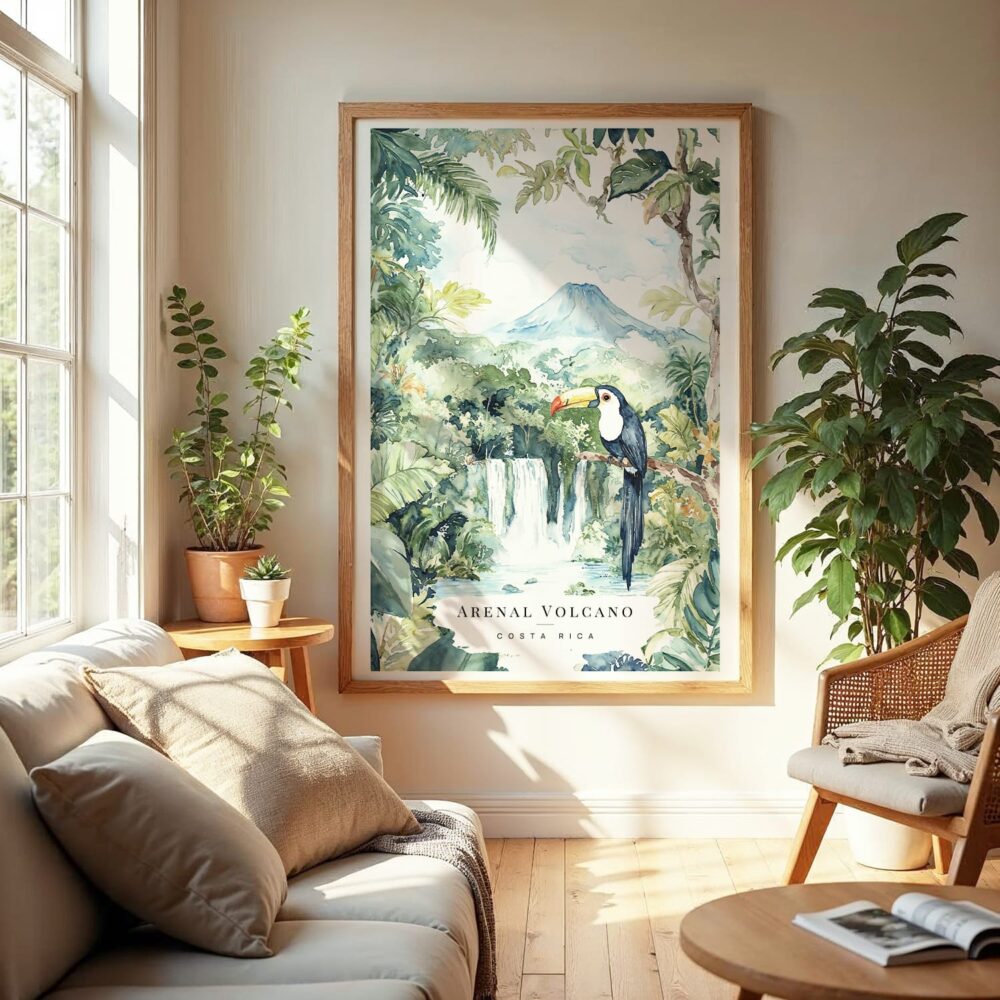 Large Framed Costa Rica Arenal Vulcano Watercolor Wall Art - Cozy Living Room - Portrait Large Framed Costa Rica Arenal Vulcano Watercolor Wall Art - Cozy Living Room - Portrait