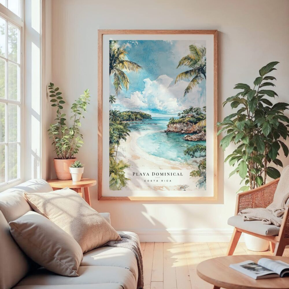 Large Framed Costa Rica Playa Dominical Watercolor Wall Art - Cozy Living Room - Portrait Large Framed Costa Rica Playa Dominical Watercolor Wall Art - Cozy Living Room - Portrait