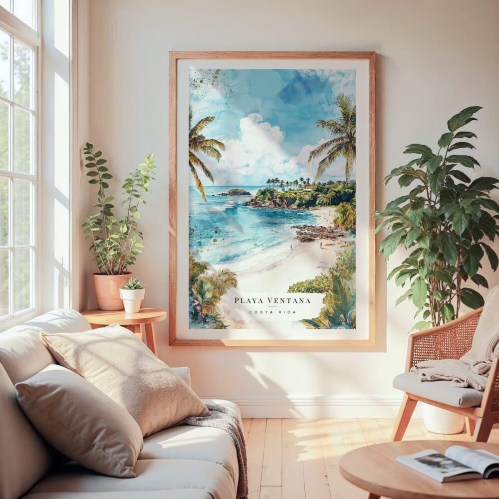 Large Framed Costa Rica Playa Ventana Watercolor Wall Art - Cozy Living Room - Portrait Large Framed Costa Rica Playa Ventana Watercolor Wall Art - Cozy Living Room - Portrait