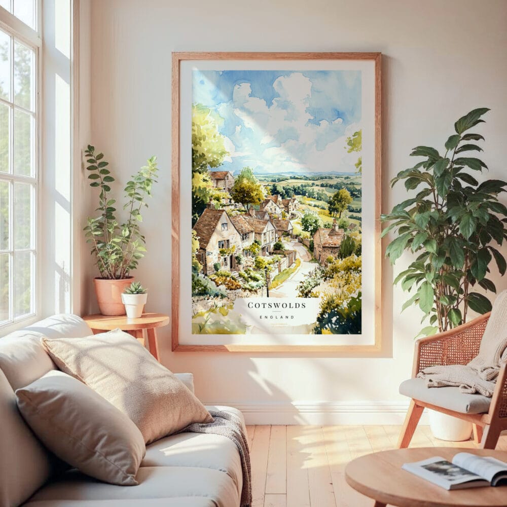 Large Framed Cotswolds Watercolor Wall Art - Cozy Living Room - Portrait Large Framed Cotswolds Watercolor Wall Art - Cozy Living Room - Portrait