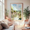 Large Framed Cotswolds Watercolor Wall Art - Cozy Living Room - Portrait