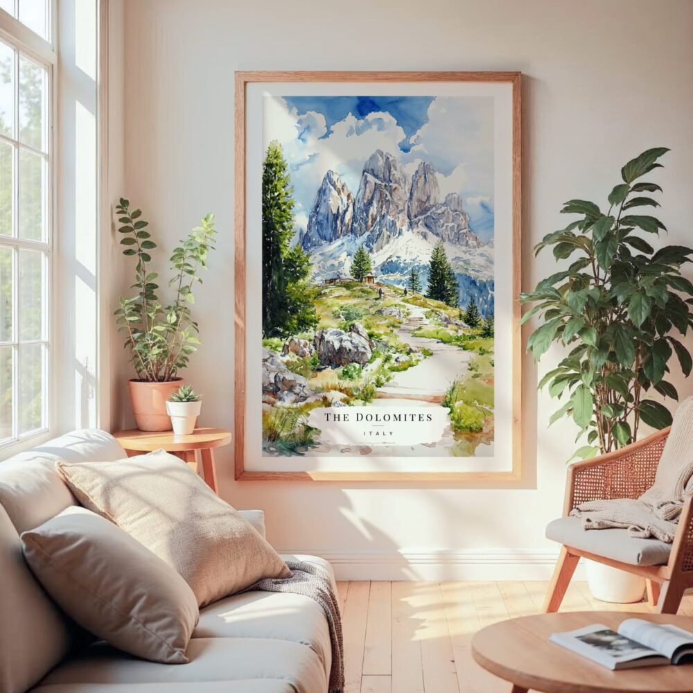 Large Framed Dolomites Hiking Watercolor Wall Art - Cozy Living Room - Portrait Large Framed Dolomites Hiking Watercolor Wall Art - Cozy Living Room - Portrait