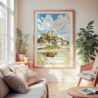 Large Framed France Mont Saint Michel Watercolor Wall Art - Cozy Living Room - Portrait