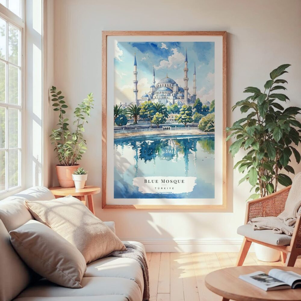 Large Framed Istanbul Blue Mosque Watercolor Wall Art - Cozy Living Room - Portrait Large Framed Istanbul Blue Mosque Watercolor Wall Art - Cozy Living Room - Portrait