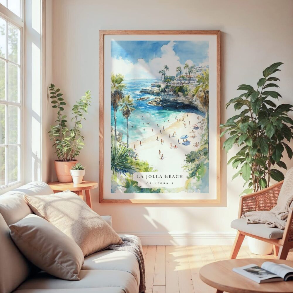 Large Framed La Jolla Beach Watercolor Wall Art - Cozy Living Room - Portrait Large Framed La Jolla Beach Watercolor Wall Art - Cozy Living Room - Portrait