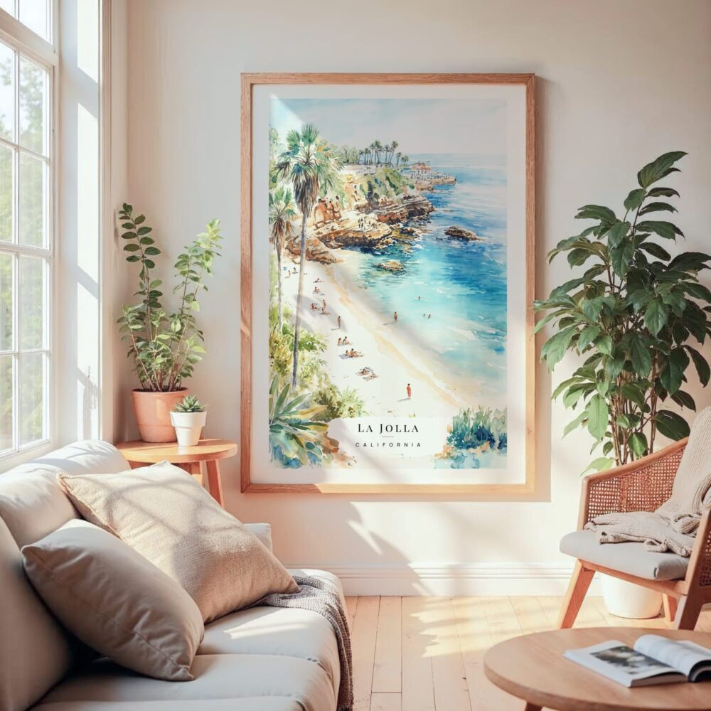 Large Framed La Jolla Cove Watercolor Wall Art - Cozy Living Room - Portrait Large Framed La Jolla Cove Watercolor Wall Art - Cozy Living Room - Portrait