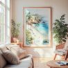 Large Framed La Jolla Cove Watercolor Wall Art - Cozy Living Room - Portrait